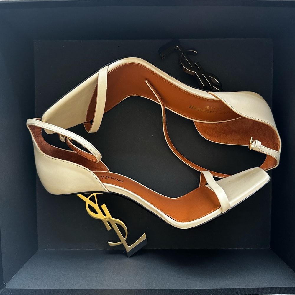 Yves Saint Laurent Opyum Real Beige Heels with Gold Logo accent heels